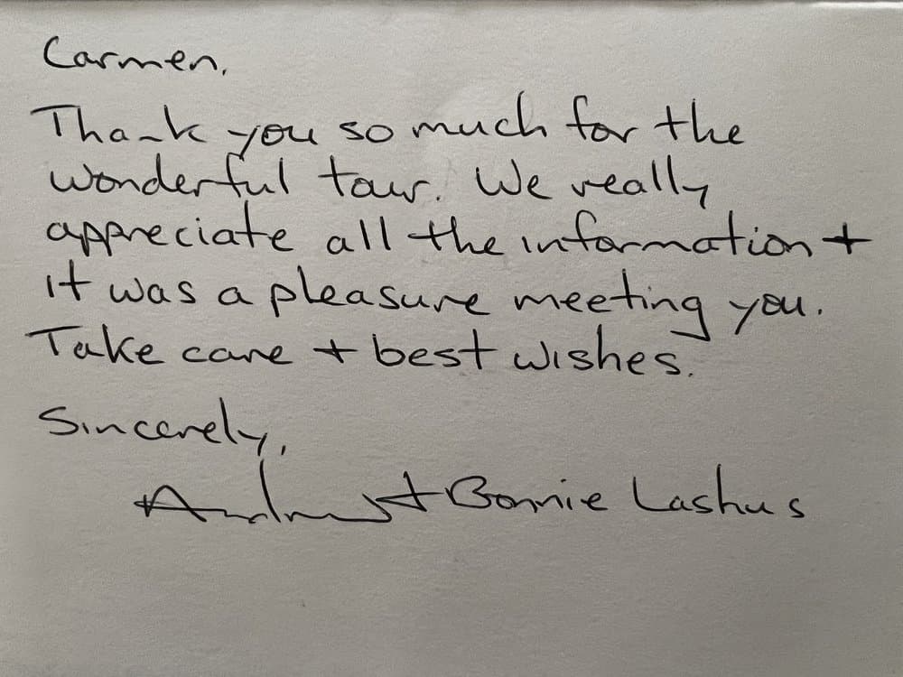 Handwritten review from Andrew & Bonnie Lashus